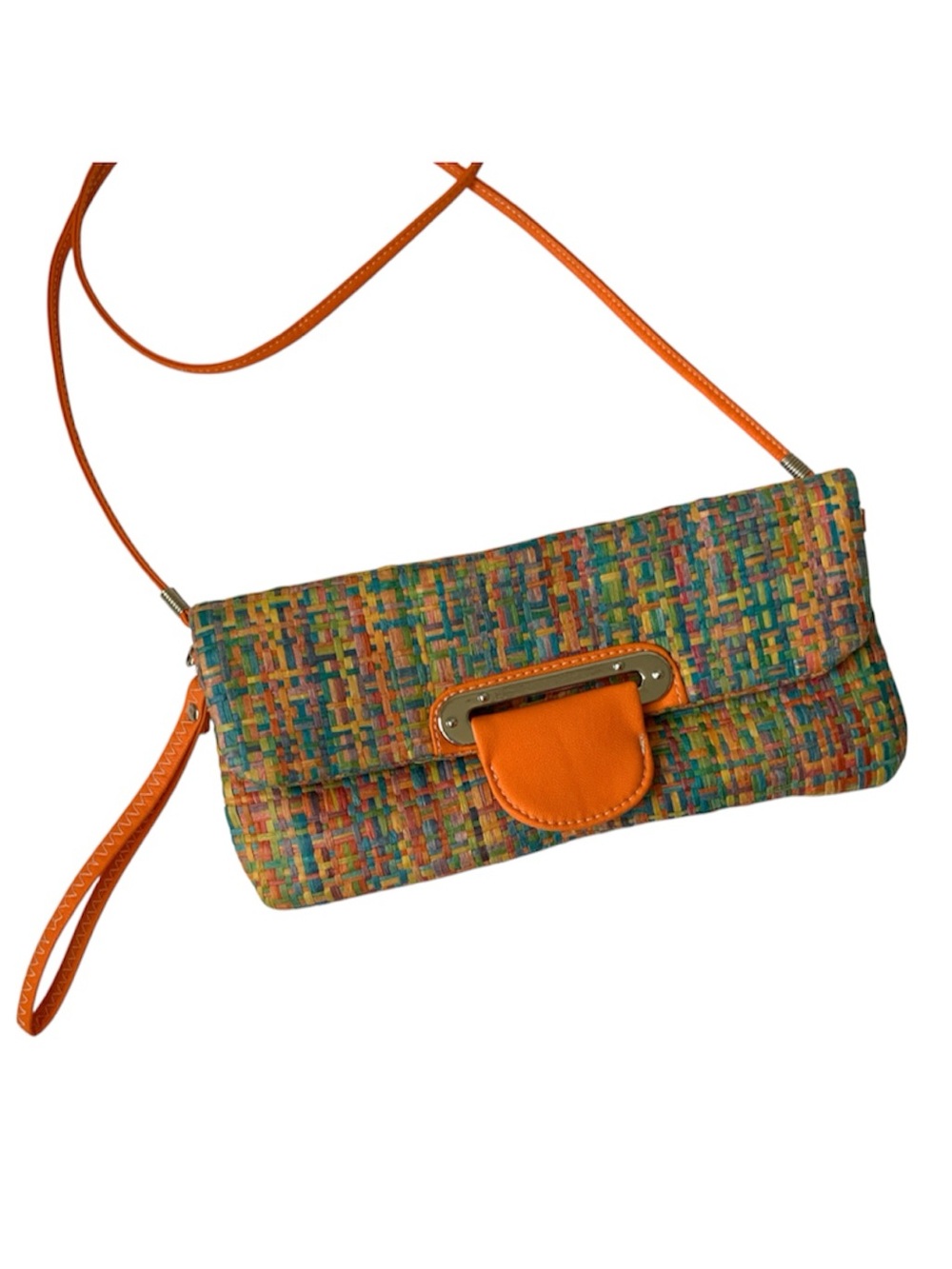 Mello World Woven Straw Crossbody Clutch Orange Vegan Leather Trim